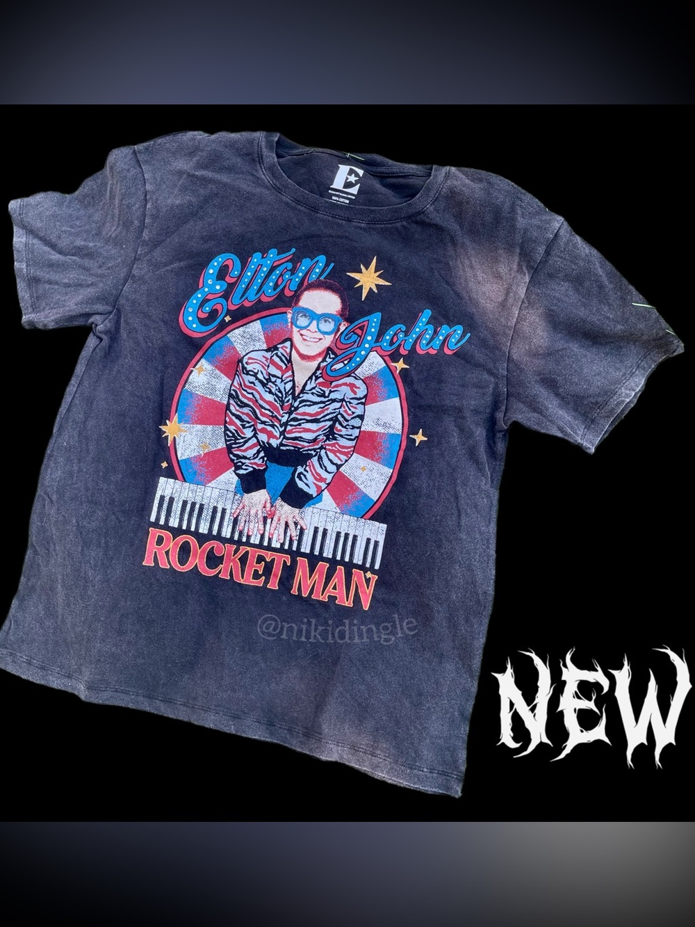 NEW Elton John Rocket Man faded vintage style Tee T-shirt Bling Cotton Band XS M